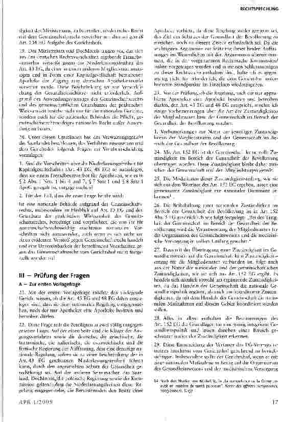 Vorschauseite 3: Nationale Regelung, nach der nur Apotheker eine Apotheke besitzen oder betreiben dürfen, ist europarechtskonform