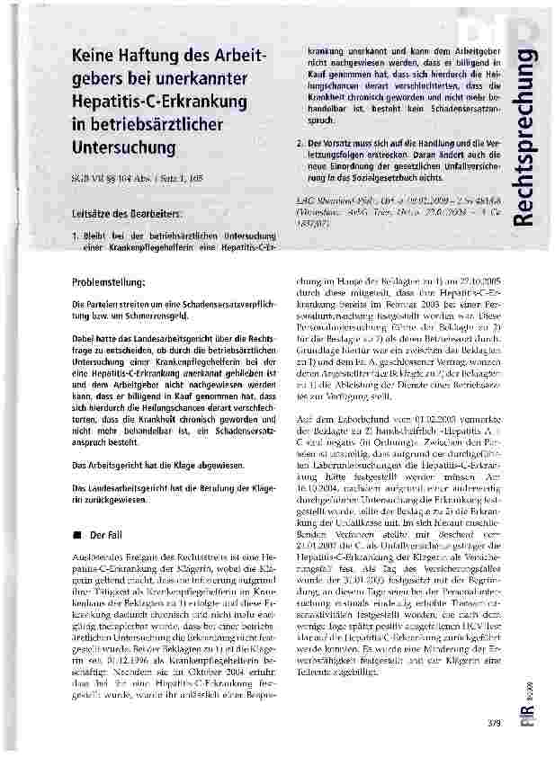 Vorschauseite 1: Keine Haftung des Arbeitgebers bei unerkannter Hepatitis-C-Erkrankung in betriebsärztlicher Untersuchung
