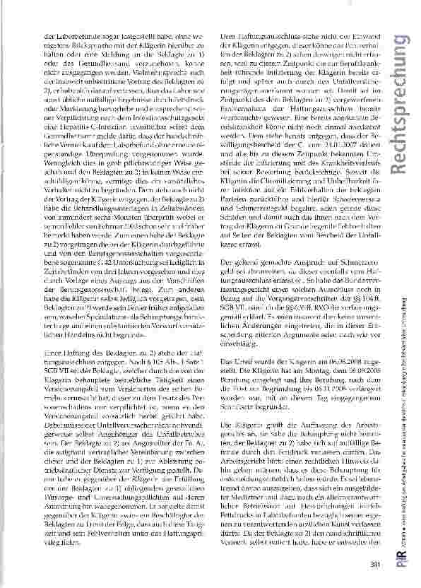Vorschauseite 3: Keine Haftung des Arbeitgebers bei unerkannter Hepatitis-C-Erkrankung in betriebsärztlicher Untersuchung