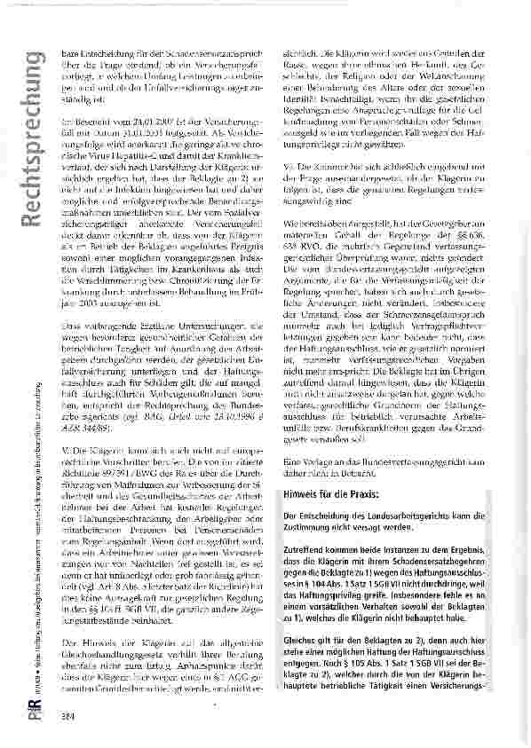 Vorschauseite 6: Keine Haftung des Arbeitgebers bei unerkannter Hepatitis-C-Erkrankung in betriebsärztlicher Untersuchung