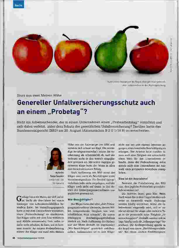 Vorschauseite 1: Genereller Unfallversicherungsschutz auch an einem „Probetag“?