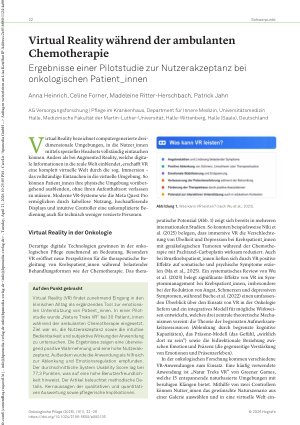 Vorschauseite 1: Virtual Reality während der ambulanten Chemotherapie Ergebnisse einer Pilotstudie zur Nutzerakzeptanz bei onkologischen Patient_innen