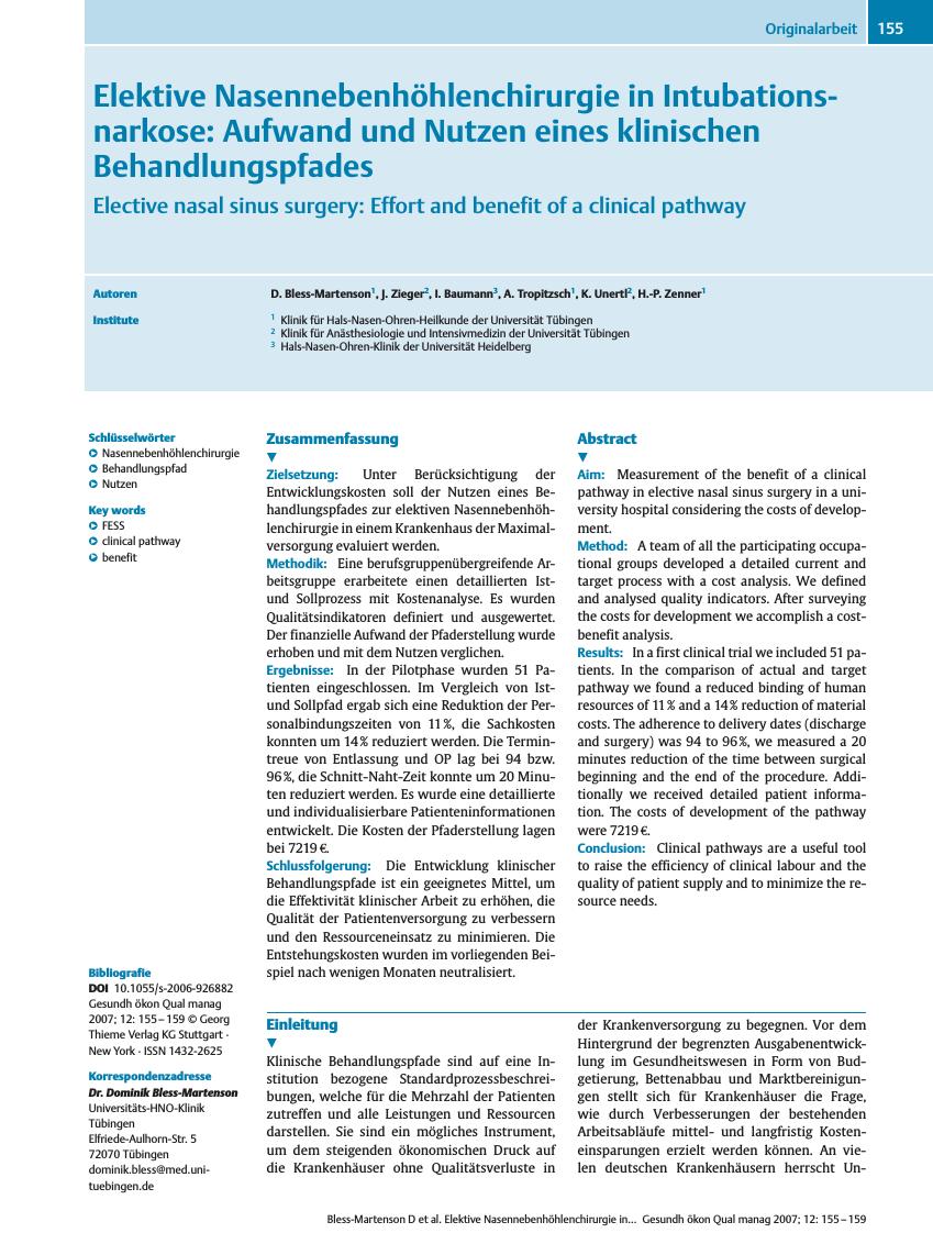 Vorschauseite 1: Elektive Nasennebenhöhlenchirurgie in Intubationsnarkose: Aufwand und Nutzen eines klinischen Behandlungspfades