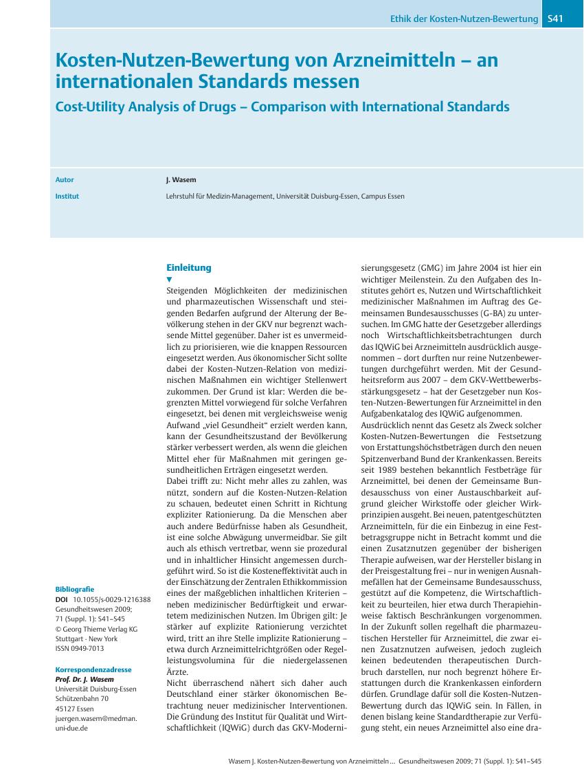 Vorschauseite 1: Kosten-Nutzen-Bewertung von Arzneimitteln – an internationalen Standards messen