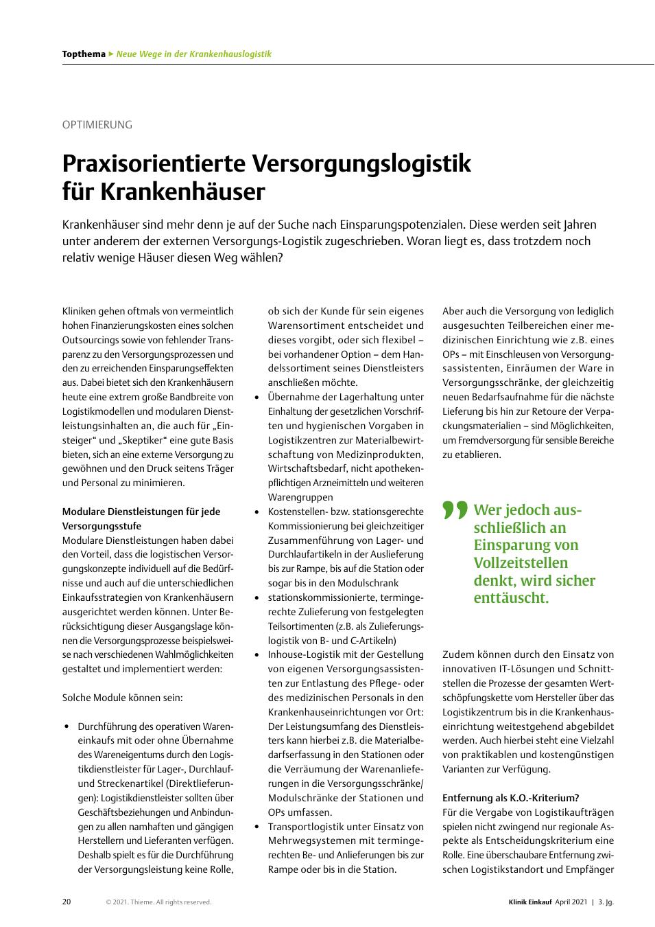 Vorschauseite 1: Optimierung: Praxisorientierte Versorgungslogistik für Krankenhäuser