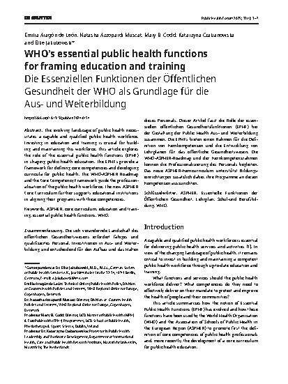 Vorschauseite 1: Die Essenziellen Funktionen der Öffentlichen Gesundheit der WHO als Grundlage für die Ausund Weiterbildung