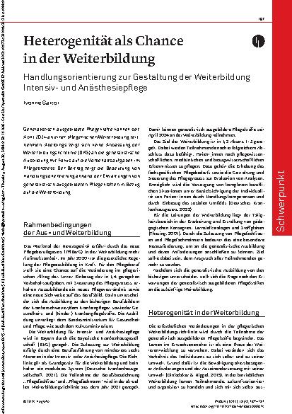 Vorschauseite 1: Heterogenität als Chance in der Weiterbildung: Handlungsorientierung zur Gestaltung der Weiterbildung Intensivund Anästhesiepflege