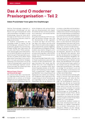 Vorschauseite 1: Das A und O moderner Praxisorganisation – Teil 2 Sieben Praxisinhaber*innen geben ihre Empfehlungen