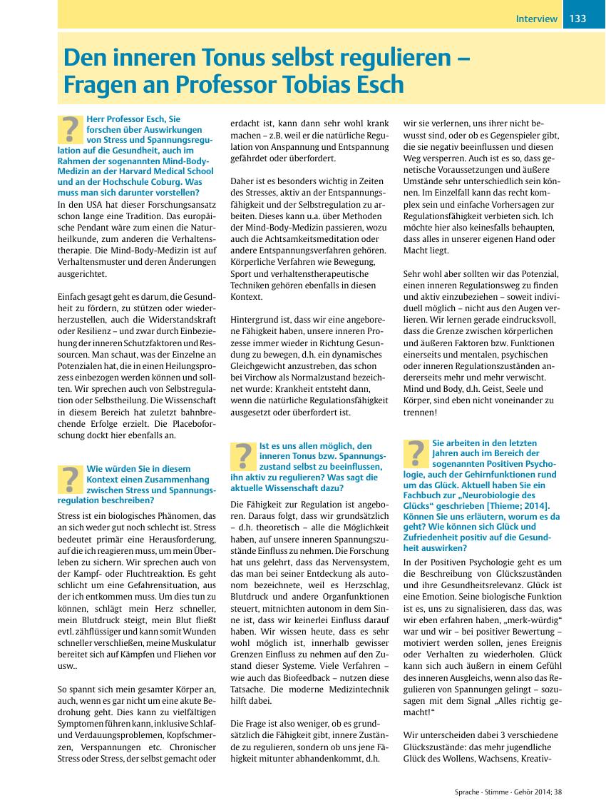 Vorschauseite 1: Den inneren Tonus selbst regulieren ? Fragen an Professor Tobias Esch
