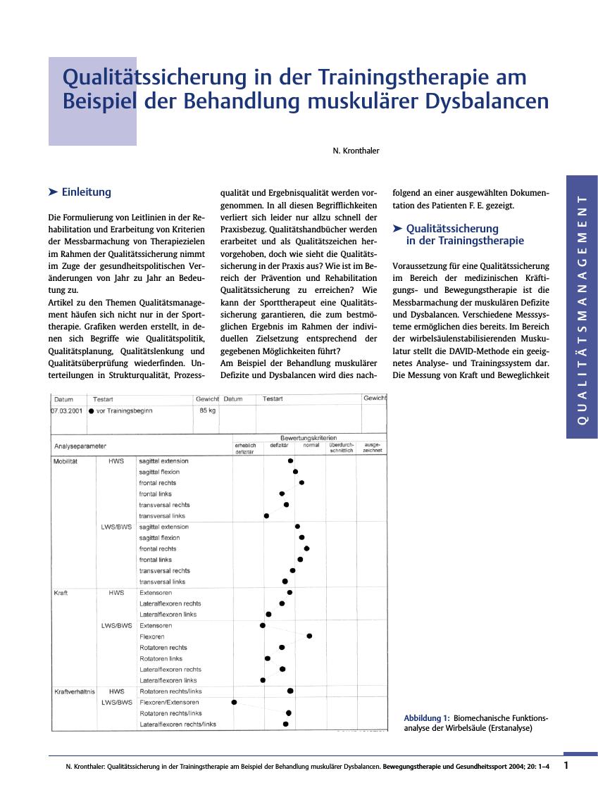 Vorschauseite 1: Qualitätssicherung in der Trainingstherapie am Beispiel der Behandlung muskulärer Dysbalancen