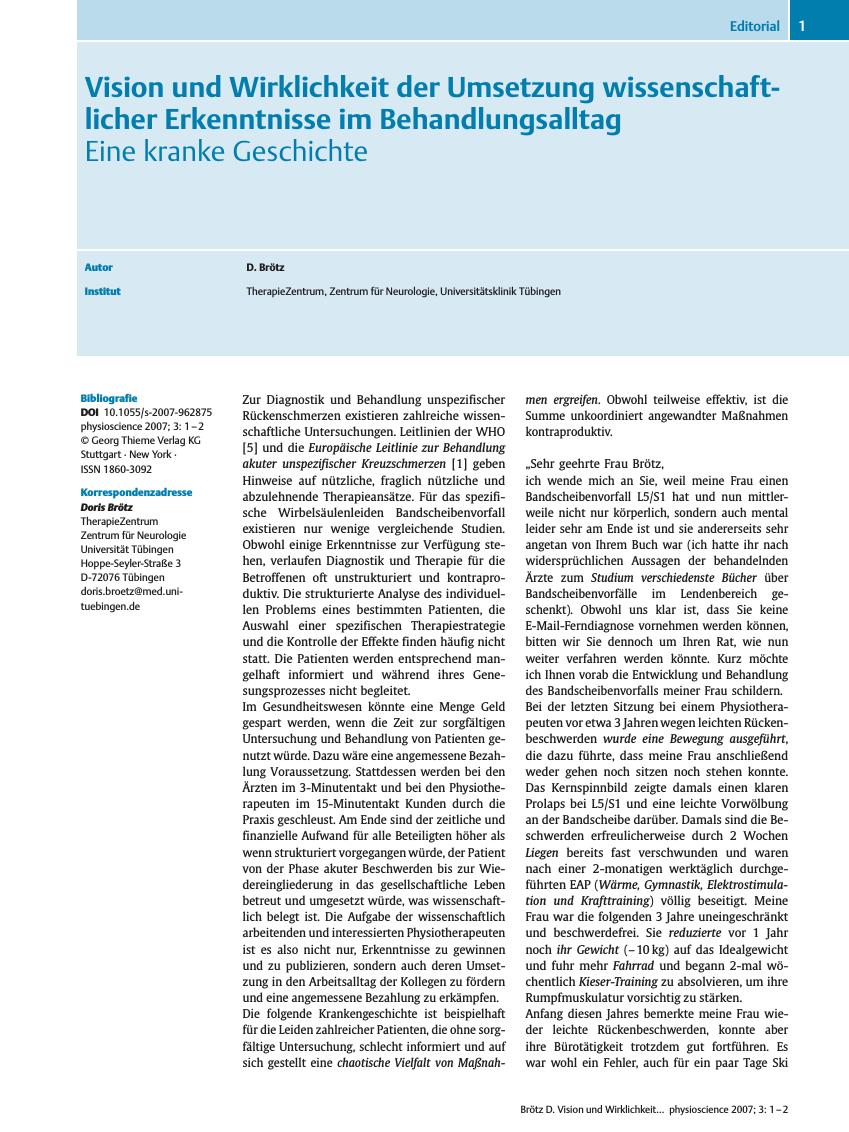 Vorschauseite 1: Vision und Wirklichkeit der Umsetzung wissenschaftlicher Erkenntnisse im Behandlungsalltag