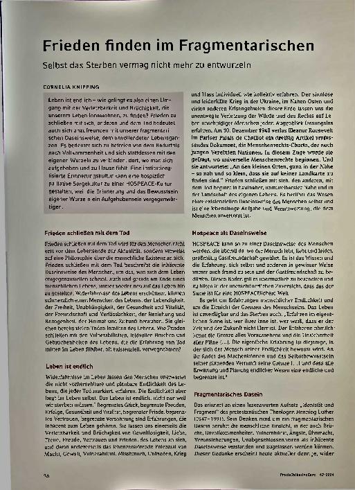 Vorschauseite 1: Frieden finden im Fragmentarischen. Selbst das Sterben vermag nicht mehr zu entwurzeln.