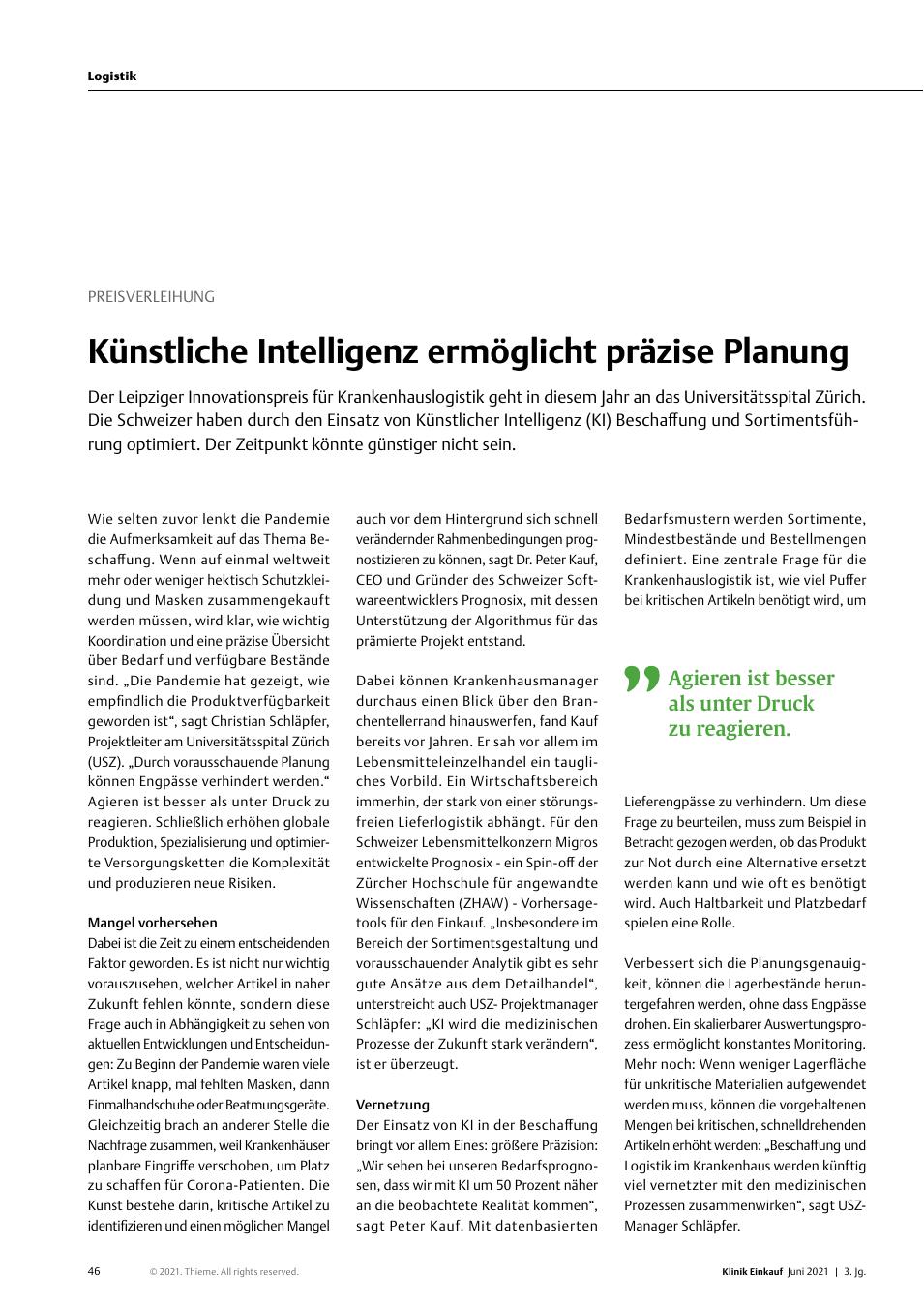Vorschauseite 1: Preisverleihung: Künstliche Intelligenz ermöglicht präzise Planung