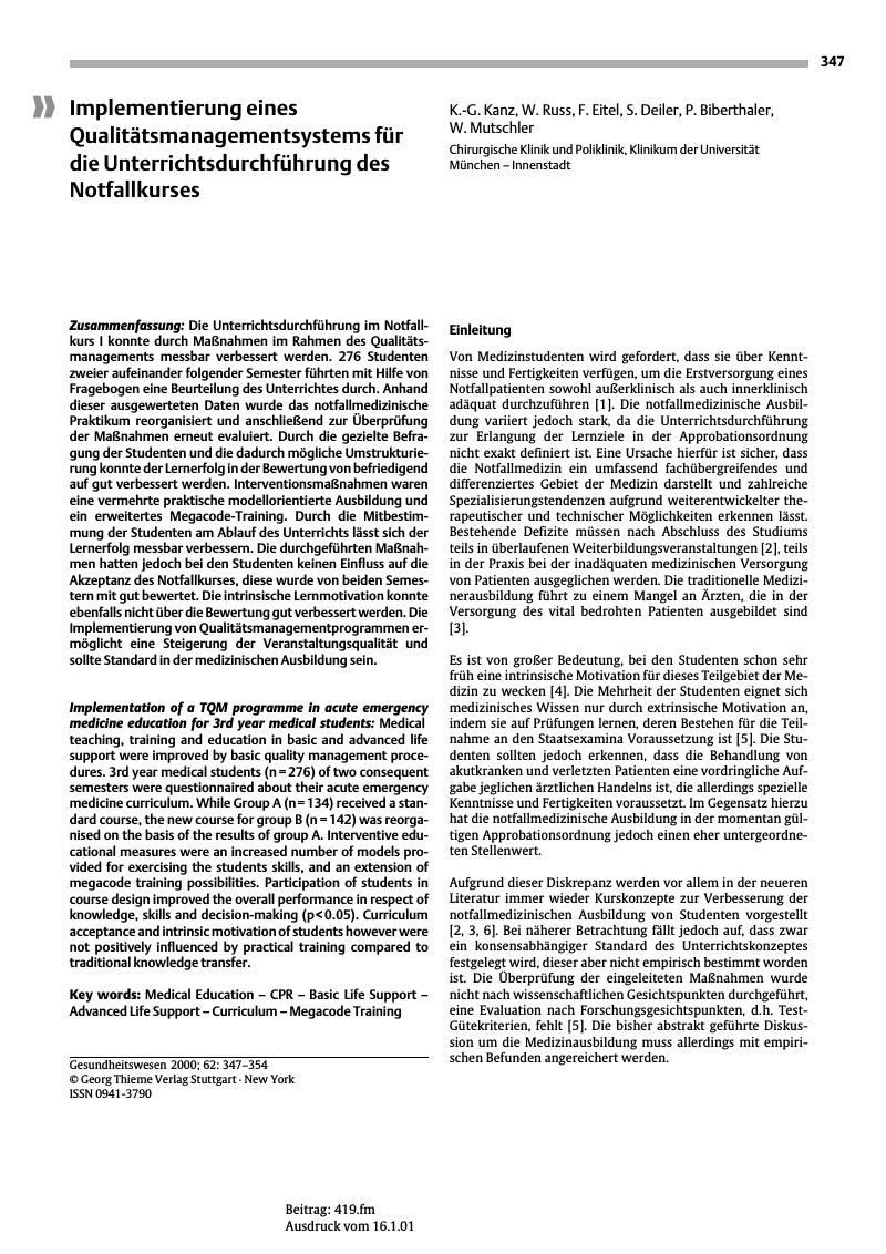 Vorschauseite 1: Implementierung eines Qualitätsmanagementsystems für die Unterrichtsdurchführung des Notfallkurses