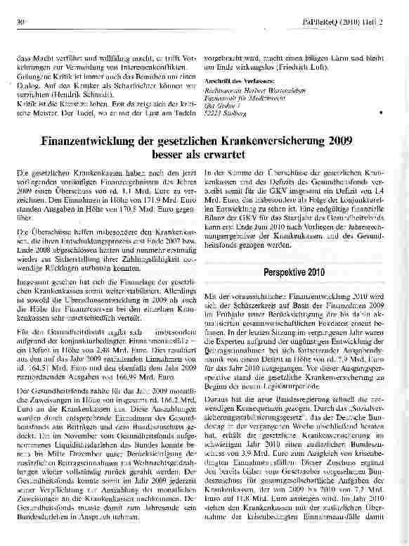 Vorschauseite 1: Finanzentwicklung der gesetzlichen Krankenversicherung 2009 besser als erwartet