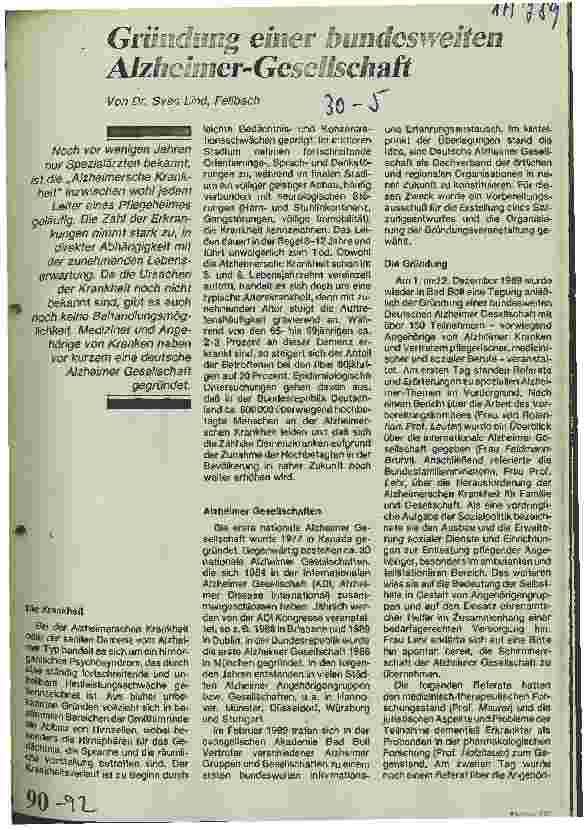 Vorschauseite 1: Gründung einer bundesweiten Alzheimer-Gesellschaft