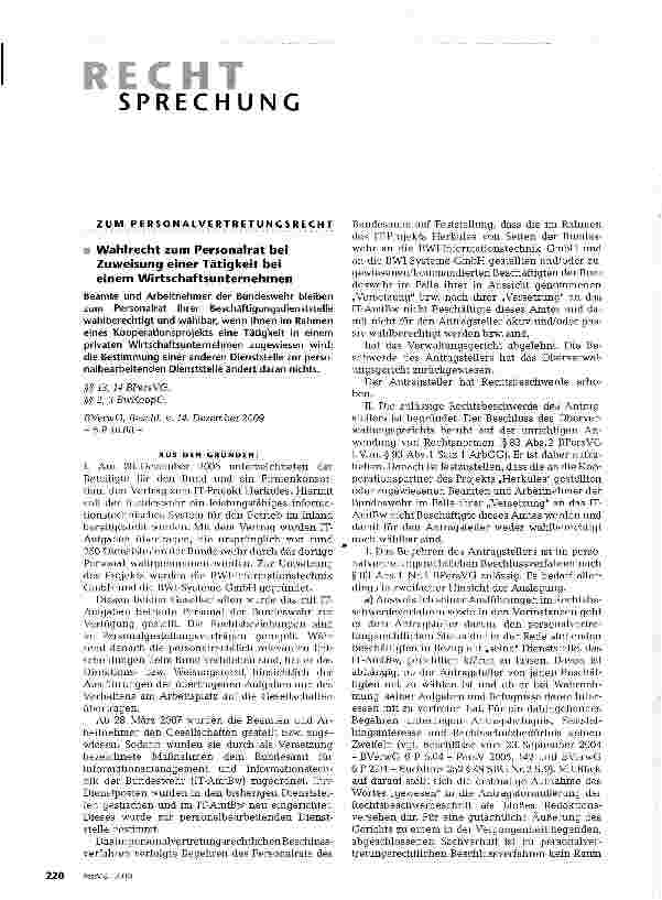 Vorschauseite 1: Wahlrecht zum Personalrat bei Zuweisung einer Tätigkeit bei einem Wirtschaftsunternehmen