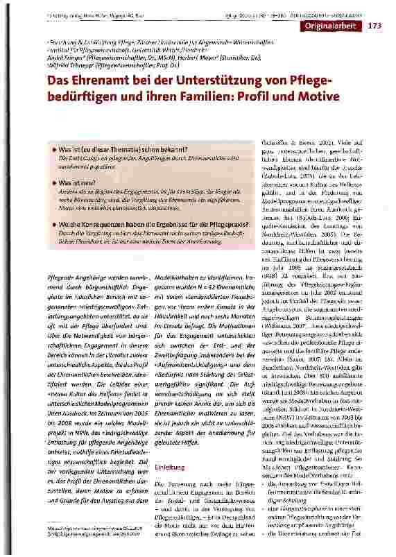 Vorschauseite 1: Das Ehrenamt bei der Unterstützung von Pflegebedürftigen und ihren Familien: Profil und Motive