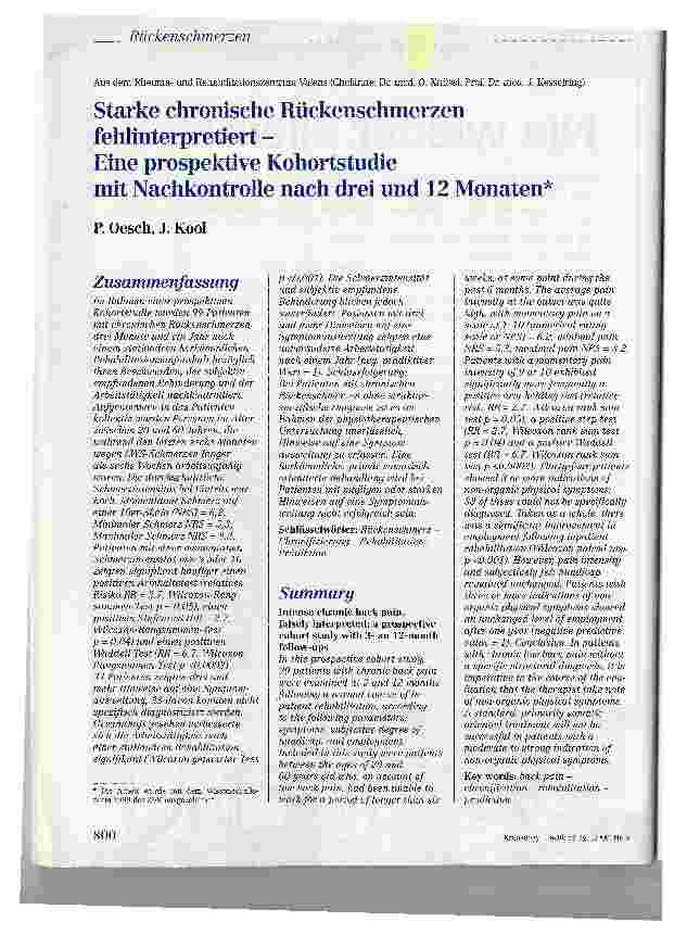 Vorschauseite 1: Starke chronische Rückenschmerzenfehlinterpretiert -Eine prospektive Kohortstudiemit Nachkontrolle nach drei und 12 Monaten