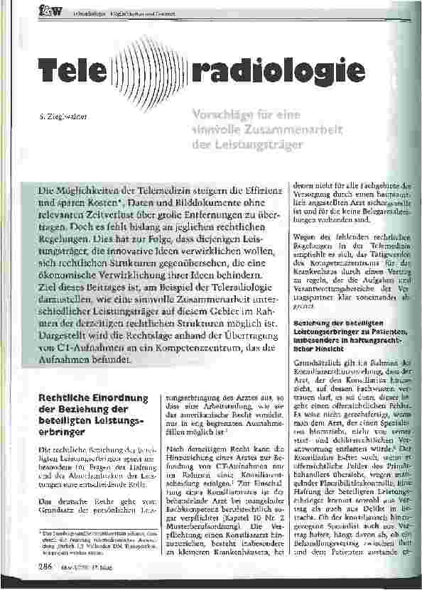 Vorschauseite 1: Teleradiologie Vorschläge für eine sinnvolle Zusammenarbeit der Leistungsträger
