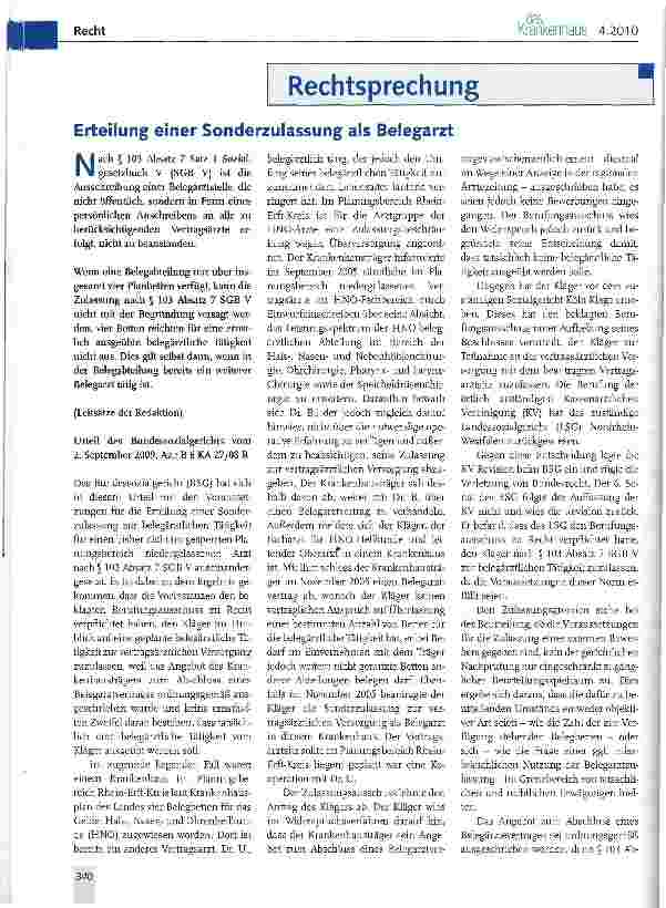 Vorschauseite 1: Erteilung einer Sonderzulassung als Belegarzt