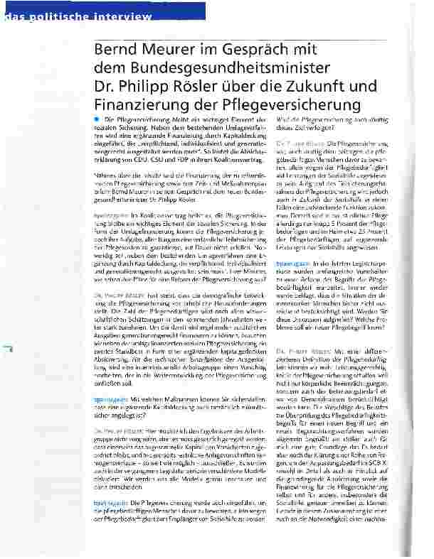 Vorschauseite 1: Bernd Meurer im Gespräch mit dem Bundesgesundheitsminister Dr. Philipp Rösler über die Zukunft und Finanzierung der Pflegeversicherung