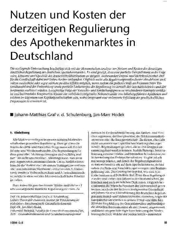 Vorschauseite 1: Nutzen und Kosten der derzeitigen Regulierung des Apothekenmarktes in Deutschland