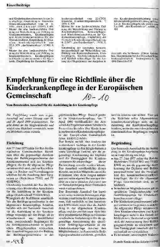 Vorschauseite 1: Empfehlungen für eine Richtlinie über die Kinderkrankenpflege in der Europäischen Gemeinschaft
