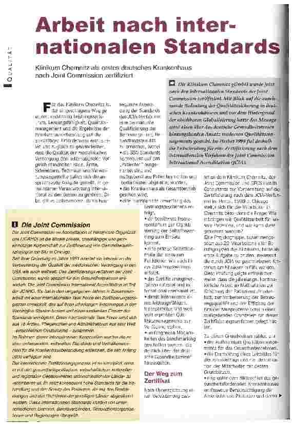 Vorschauseite 1: Arbeit nach internationalen Standards Klinikum Chemnitz als erstes deutsches Krankenhaus nach Joint Commission zertifiziert
