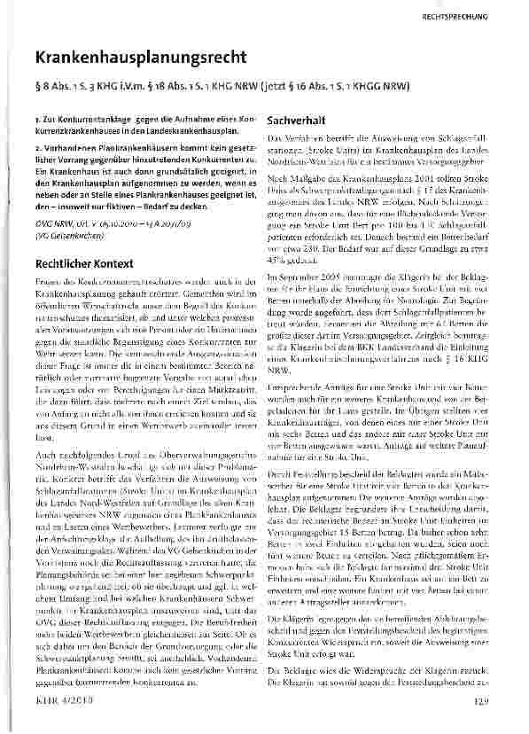 Vorschauseite 1: Krankenhausplanungsrecht§ 8 Abs. i S. 3 KHG i.V.m. § 18 Abs. l S. i KHG NRW (jetzt § 16 Abs. i S. i KHGG NRW)