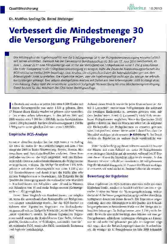 Vorschauseite 1: Verbessert die Mindestmenge 30 die Versorgung Frühgeborener?