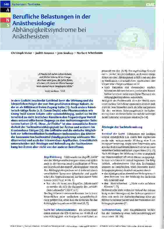 Vorschauseite 1: Berufliche Belastungen in der Anästhesiologie Abhängigkeitssyndrome bei Anästhesisten