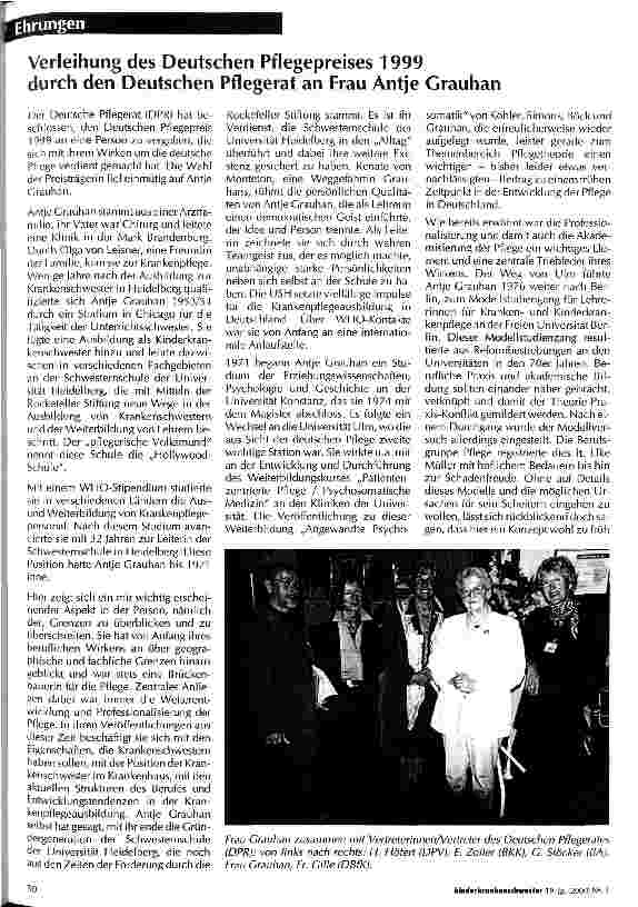 Vorschauseite 1: Verleihung des Deutschen Pflegepreises 1999 durch den Deutschen Pflegerat an Frau Antje Grauhan