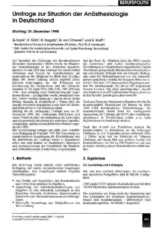 Vorschauseite 1: Umfrage zur Situation der Anästhesiologie in Deutschland Stichtag: 31. Dezember 1998