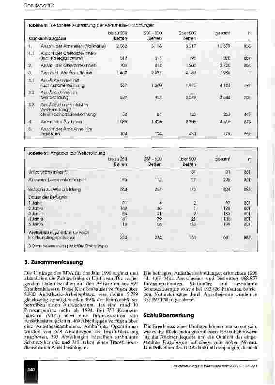 Vorschauseite 6: Umfrage zur Situation der Anästhesiologie in Deutschland Stichtag: 31. Dezember 1998