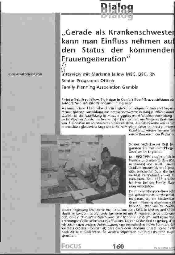 Vorschauseite 1: Gerade als Krankenschwester kann man Einfluss nehmen auf den Status der kommenden Frauengeneration Interview mit Mariama Jallow