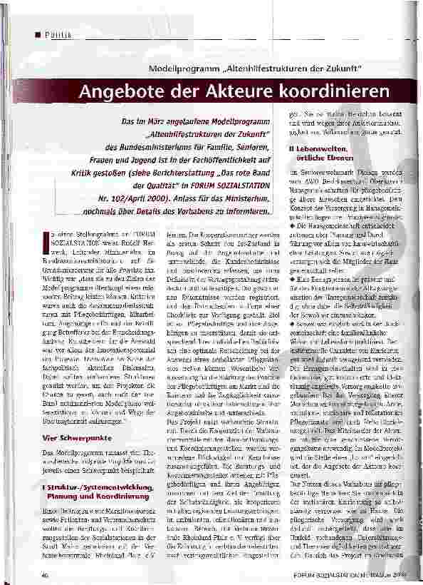Vorschauseite 1: Angebote der Akteure koordinieren Modellprogramm Altenhilfestrukturen der Zukunft