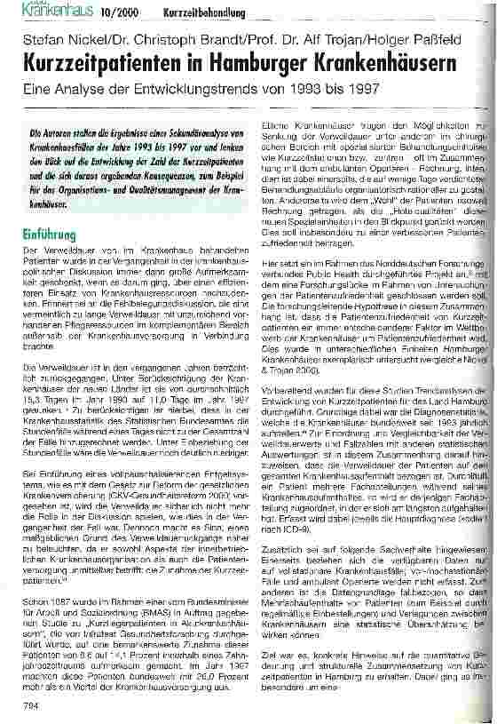 Vorschauseite 1: Kurzzeitpatienten in Hamburger Krankenhäusern Eine Analyse der Entwicklungstrends von 1993 bis 1997