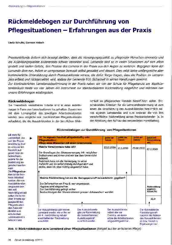 Vorschauseite 1: Rückmeldebogen zur Durchführung von Pflegesituationen - Erfahrungen aus der Praxis