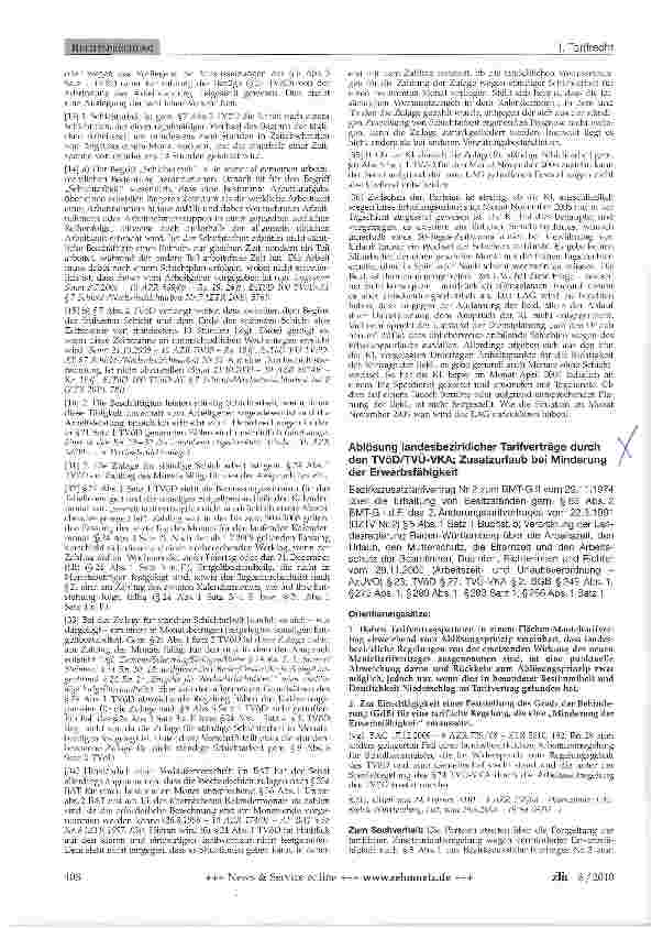 Vorschauseite 1: Ablösung landesbezirklicher Tarifverträge durch den TVöD/TVÜ-VKA; Zusatzurlaub bei Minderung der Erwerbsfähigkeit