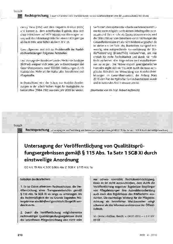 Vorschauseite 1: Untersagung der Veröffentlichung von Qualitätsprüfungsergebnissen gemäß § 115 Abs. 1a Satz 1 SGB XI durch einstweilige Anordnung