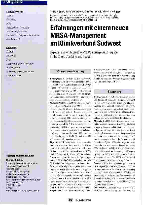 Vorschauseite 1: Erfahrungen mit einem neuen MRSA-Management im Klinikverbund Südwest