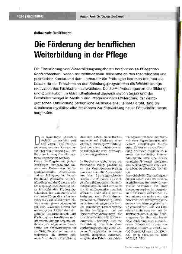 Vorschauseite 1: Die Förderung der beruflichen Weiterbildung in der Pflege