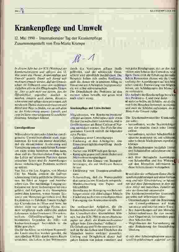 Vorschauseite 1: Krankenpflege und Umwelt 12. Mai 1990 - Internationaler Tag der Krankenpflege