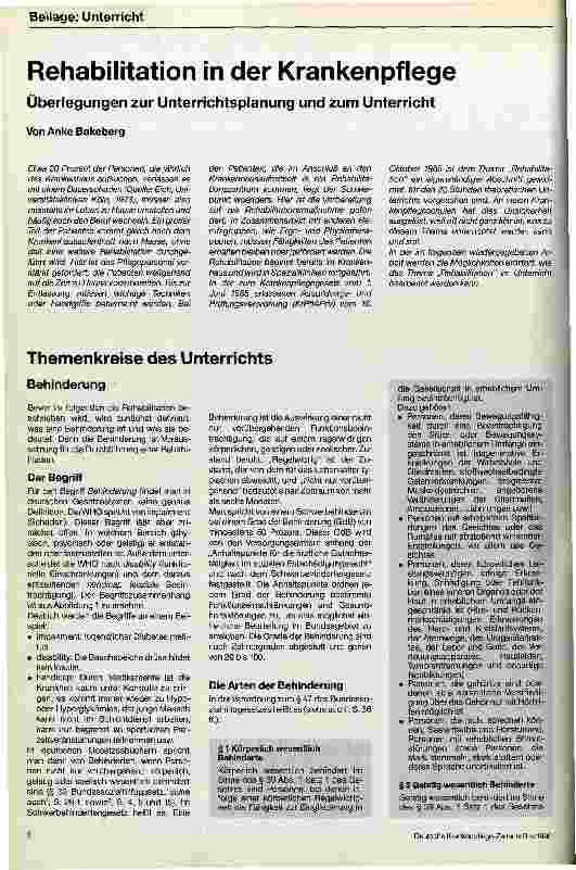 Vorschauseite 1: Rehabilitation in der Krankenpflege Überlegungen zur Unterrichtsplanung und zum Unterricht