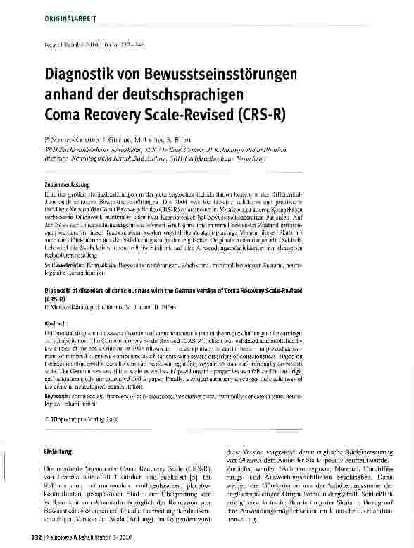 Vorschauseite 1: Diagnostik von Bewusstseinsstörungen anhand der deutschsprachigen Coma RecoveryScale-Revised (CRS-R)