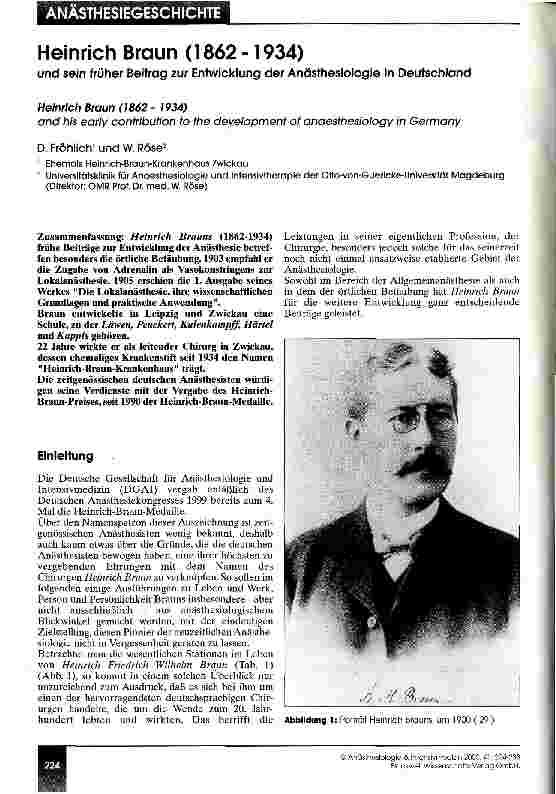 Vorschauseite 1: Heinrich Braun (1862-1934) und sein früher Beitrag zur Entwicklung der Anästhesiologie in Deutschland