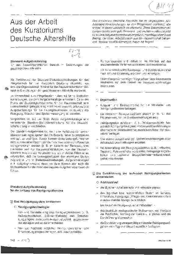 Vorschauseite 1: Aus der Arbeit des Kuratoriums Deutsche Altershilfe Standard-Aufgabenkatalog für den hauswirtschaftlichen Bereich