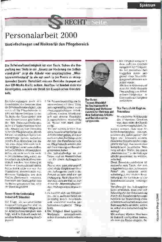 Vorschauseite 1: Personalarbeit 2000 Vereinfachungen und Risiken für den Pflegebereich