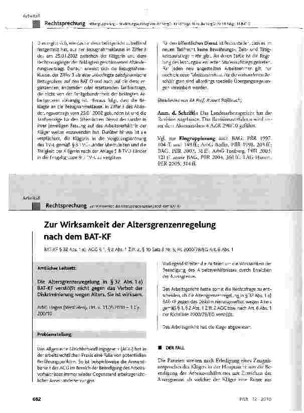 Vorschauseite 1: Zur Wirksamkeit der Altersgrenzenregelung nach dem BAT-KFBAT-KF § 32 Abs. 1 a); AGG § 1, § 2 Abs. 1 Ziff. 2, § 10 Satz 3 Nr. 5; RL 2000/78/EG Art. 6 Abs. 1